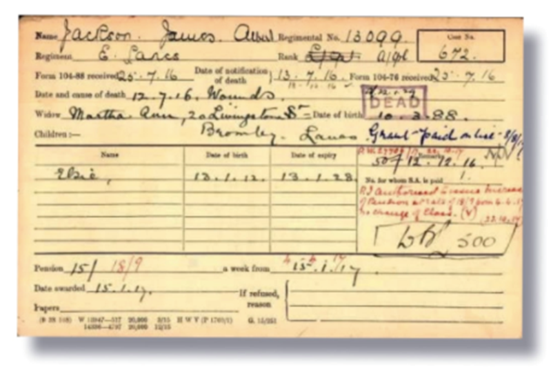 Pension Card for James Jackson courtesy of The Western Front Association digital archive on Fold3 by Ancestry