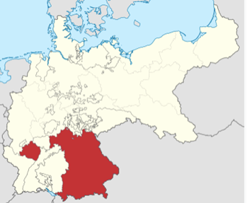 The Kingdom of Bavaria within the German Empire with the exclave of Palatinate. Map by Melenioa Scurio (CC) CC BY-SA 3.0