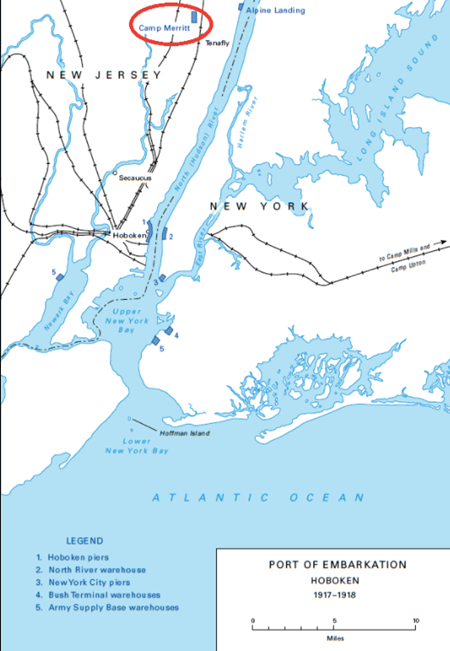 Camp Merritt's location within Port of Embarkation Hoboken (1917-1918). Map in the public domain created by Sherry L. Dowdy, cartographer