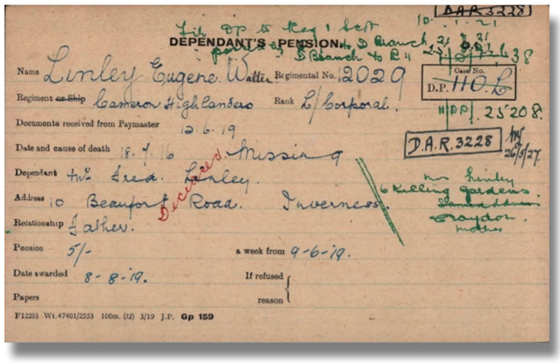 Pension Card for Eugene Linley from The Western Front Association digital archive on Fold3 by Ancestry