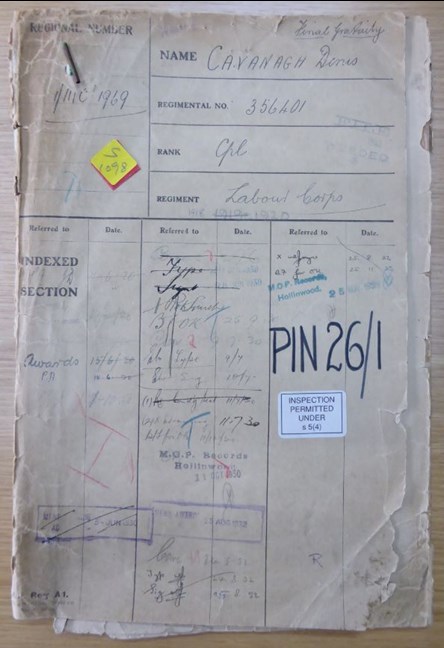 The Front (Cover) Sheet Of Denis Cavanagh's Pension File At TNA.