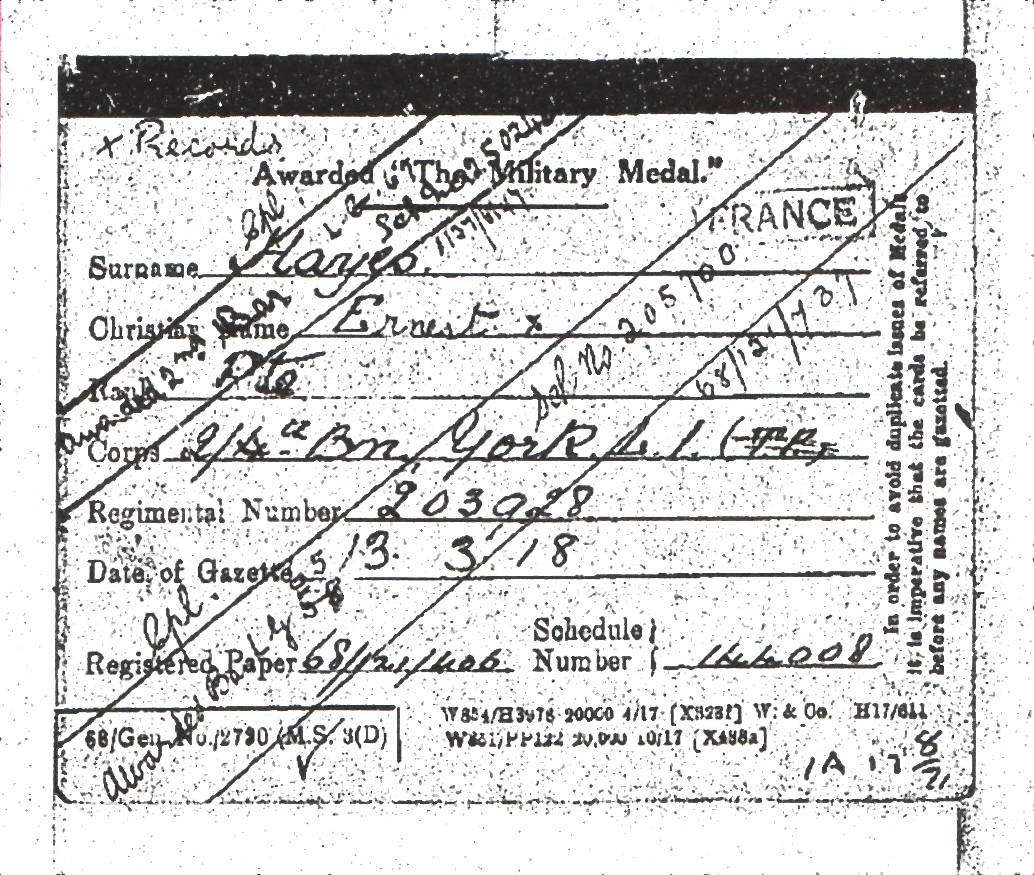 Medal Card For E.Hayes