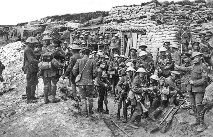 Commonly believed to be a company of the Public Schools Battalion (16th Battalion, The Middlesex Regiment) at 'White City', opposite Beaumont Hamel prior to the Battle of the Somme, 1916. IWM Q 796