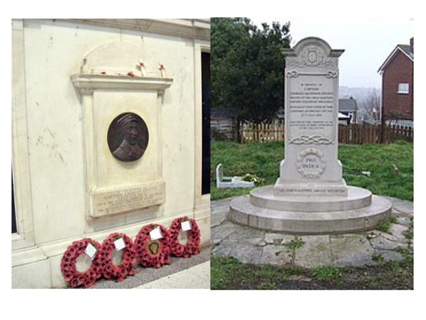 A memorial to Captain Fryatt at Liverpool Station and his grave in Upper Dovercourt, Essex