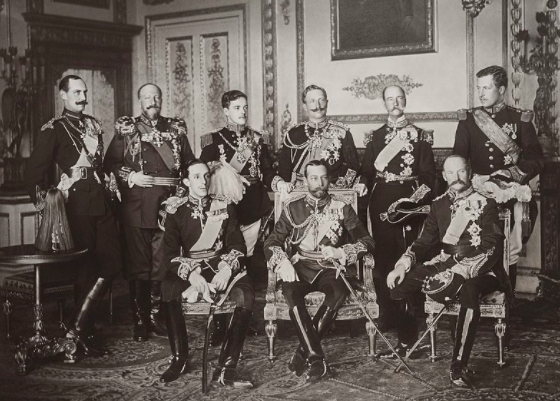 The Nine Sovereigns at Windsor for the funeral of King Edward VII, photographed on 20 May 1910. Standing, from left to right: Haakon VII of Norway, Ferdinand of Bulgaria, Manuel II of Portugal, Wilhelm II of Germany, George I of Greece and Albert I of Belgium. Seated, from left to right: Alfonso XIII of Spain, George V of the United Kingdom and Frederick VIII of Denmark.