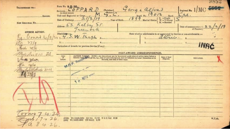George Coppard's Pension Card from The Western Front Association Pension Ledger & Cards archive on Fold3 by Ancestry