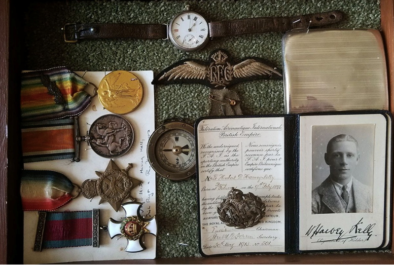 Personal possessions of H D Harvey-Kelly - most items sent back by the Germans after he was shot down. Fom family collection photo by MylesKelly - CC BY SA 3.00