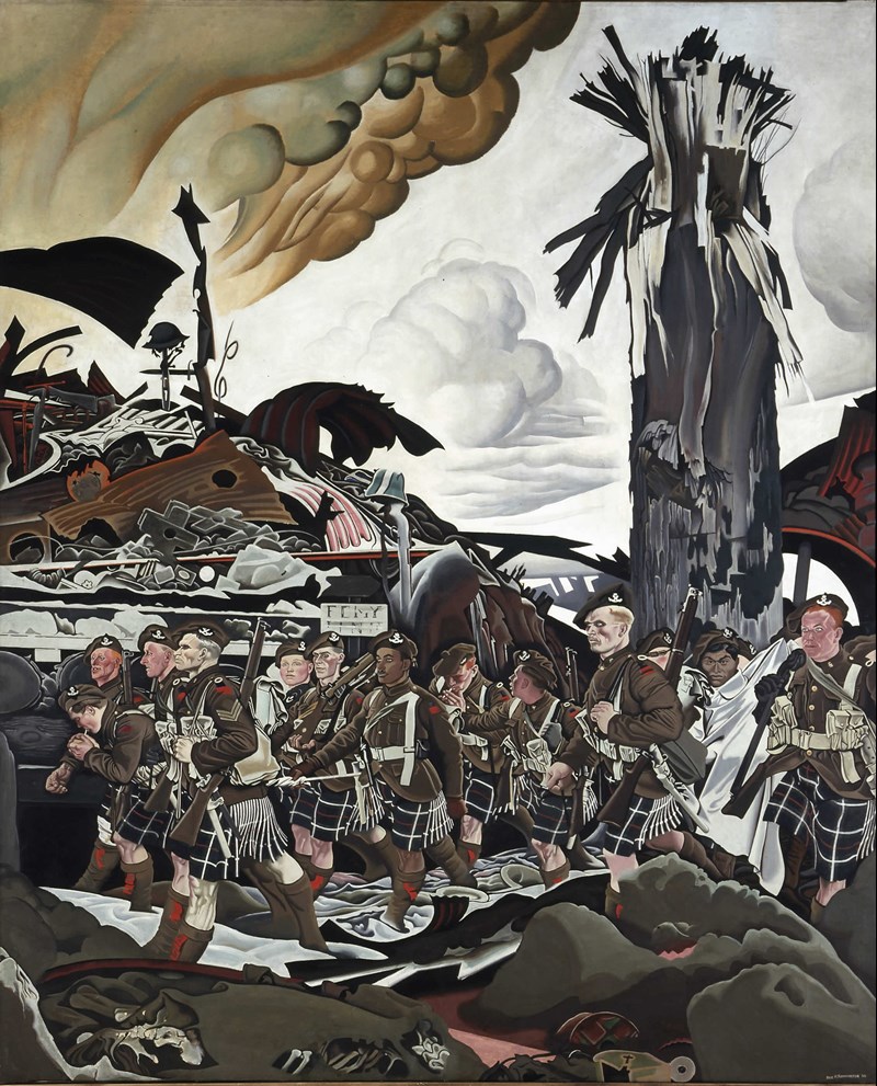 The Conquerors by Eric Kennington; originally titled The Victims it was renamed after objections from the battalion's commanding officer, Lieutenant-Colonel Cy Peck.