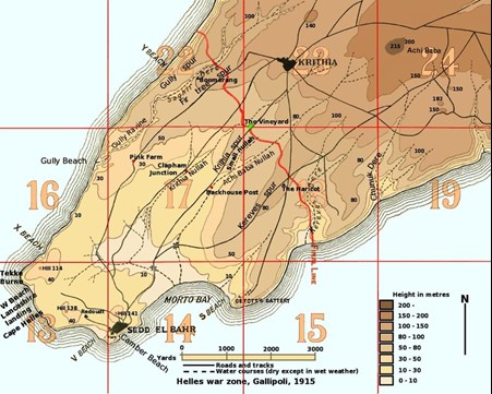 Based on map in "Gallipoli Diary" Volume I, General Sir Ian Hamilton, published by George H Doran Company, New York, 1920 Rcbutcher - Own work.