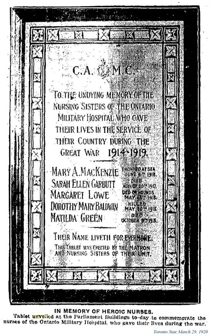 Plaque Commemorating Nurses Of The Ontario Military Hospital.