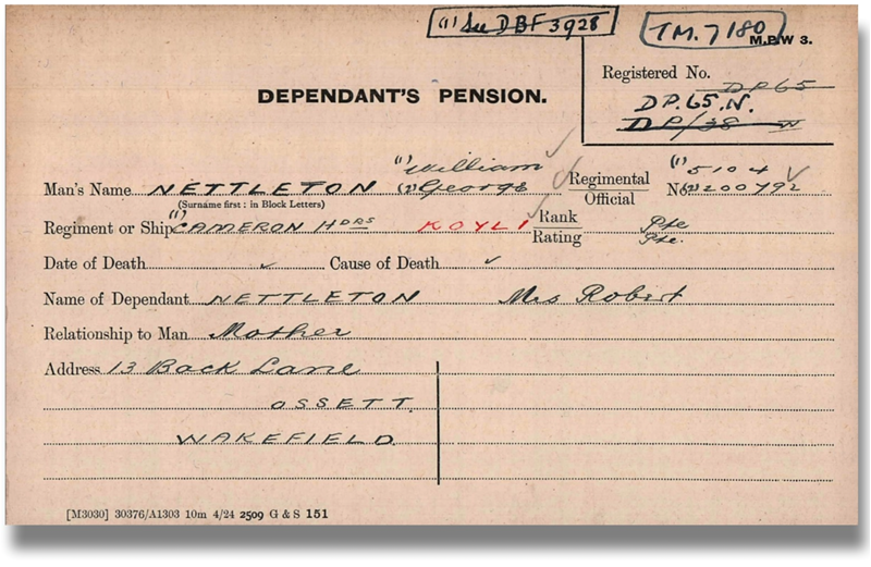 Pension Card showing that brothers William and George served and died from The Western Front Association Pension Ledgers and Cards digital archive on Fold3 from Ancestry