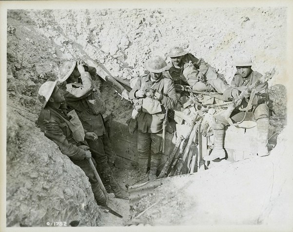 Canadians soldier in captured German trench during the Battle of Hill 70 in August 1917.