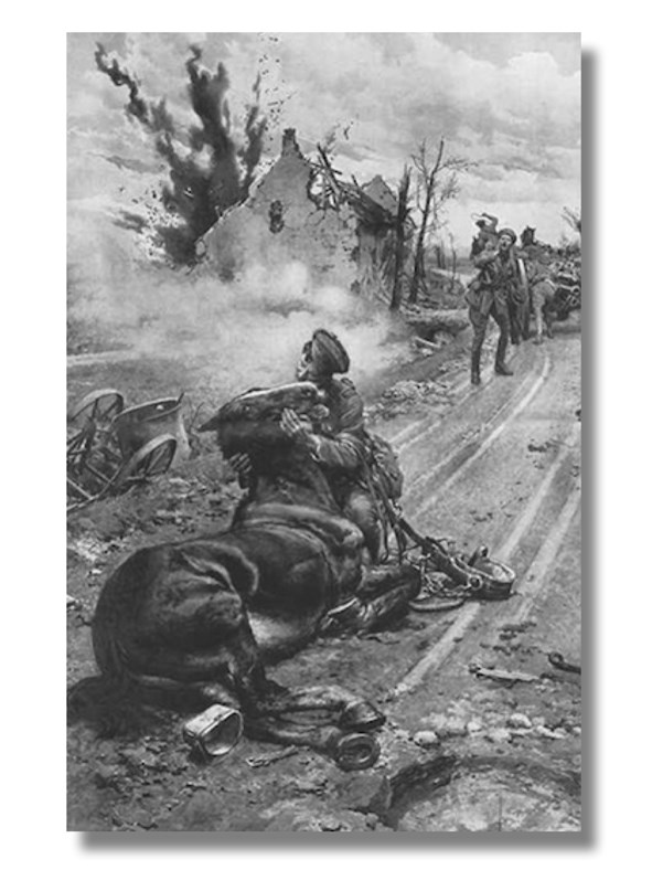 'Goodbye old man: an incident on the road to battery position in Southern Flanders' by Fortunino Matania for The Sphere 24 June 1916. The painting was commissioned by the Blue Cross Fund to raise money to relieve the suffering of horses in Europe.