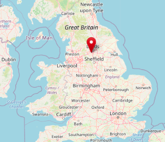 Dewsbury in northern England. Map (cc) OpenStreetMaps 2021