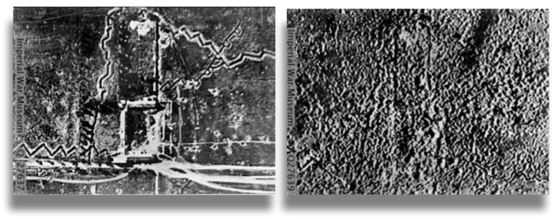 Aerial photograph of Mouquet Farm, near Thiepval with trench systems surrounding it, prior to 1 July.  © IWM Q27637 and the same position  obliterated by heavy shellfire. © IWM 27639