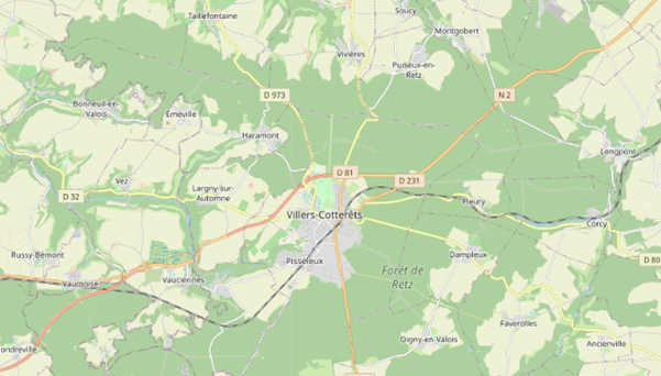 Location of Villers-Cotterers and the Foret de Retz in north eastern France (cc OpenStreetMap)