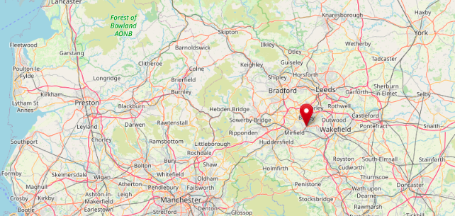 Location of Dewsbury in the north Midlands (cc OpenStreetMap)