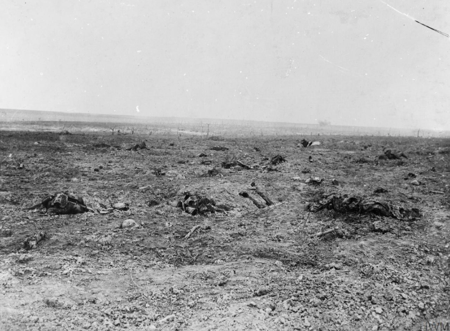 Scenes of death and destruction wrought by the British bombardment of the German trenches in front of Guillemont- in reality nothing more than a series of interlinked and deepened shell holes. Courtesy IW M Q1165
