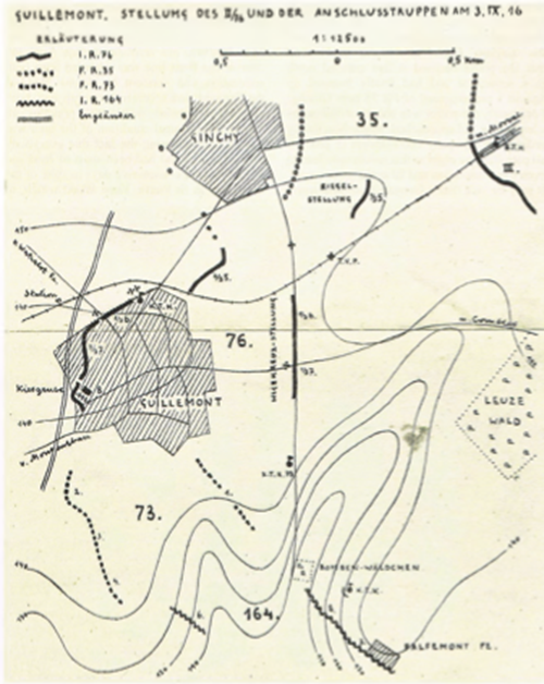 Guillemont — N au’s sketch o f the situation on the morning o f 3 September 1916 showing the deployment o f11/76 and 1/73 broken down to platoon level