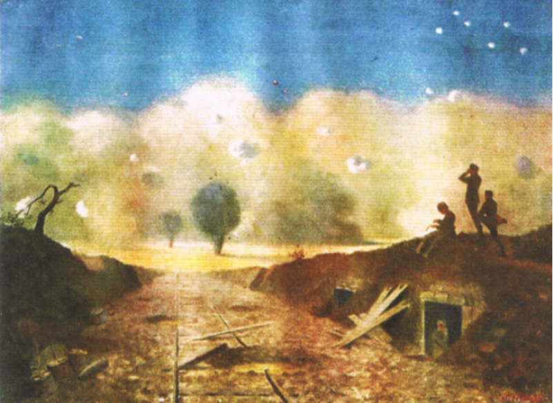 The canvas painted by Major Nan himself in 1925 showing the situation at Guillemont on 24 August 1916 as described in the article. Nau is the officer standing upright with binoculars.
