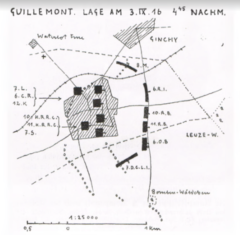 Guillemont - the situation at 4.45pm on 3 September 1916 after the completion of phase 111 and in preparation of the assault on Leuze Wood which, in the event, was never launched on the day.