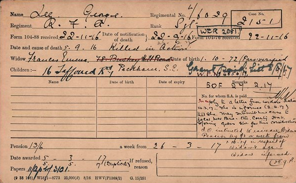 Pension Card for George Lee from The Western Front Association digital archive on Fold3 by Ancestry