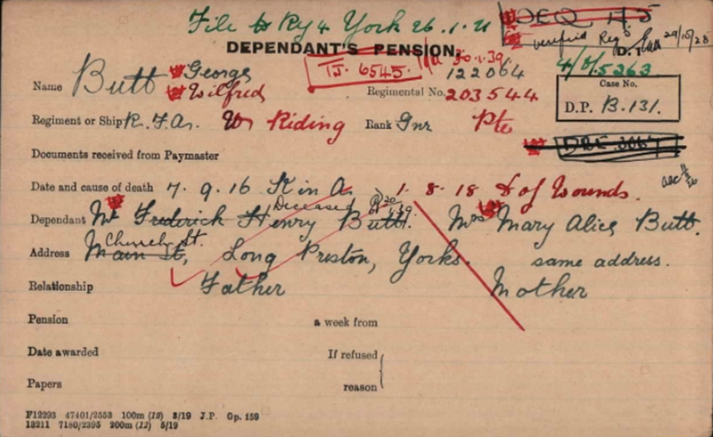 Pension Card for George Butt from The Western Front Association digital archive on Fold3 by Ancestry