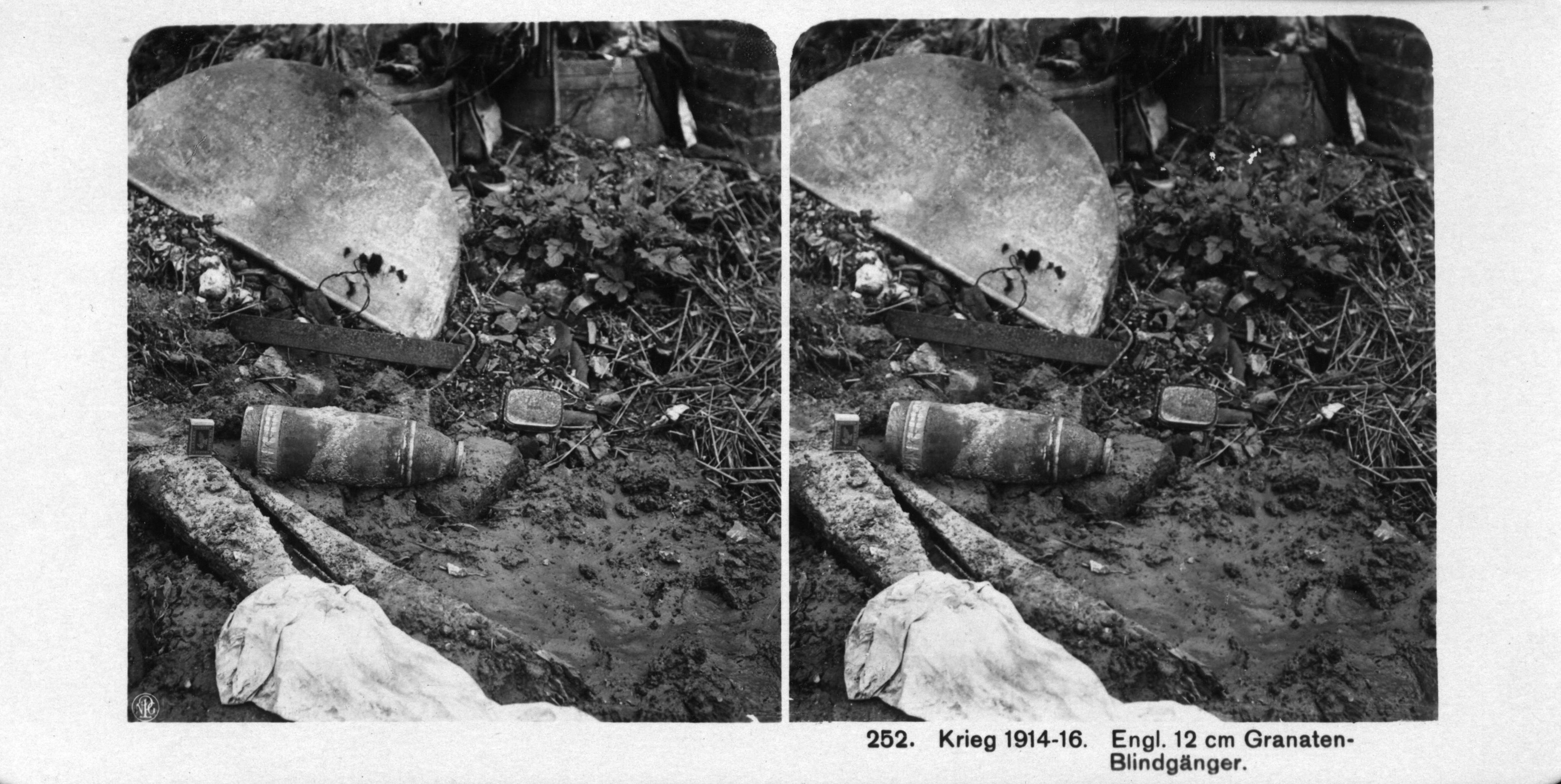 "Engl. 12 cm Granaten-Blindgänger" - Undetonated 12-centimeter British shell.