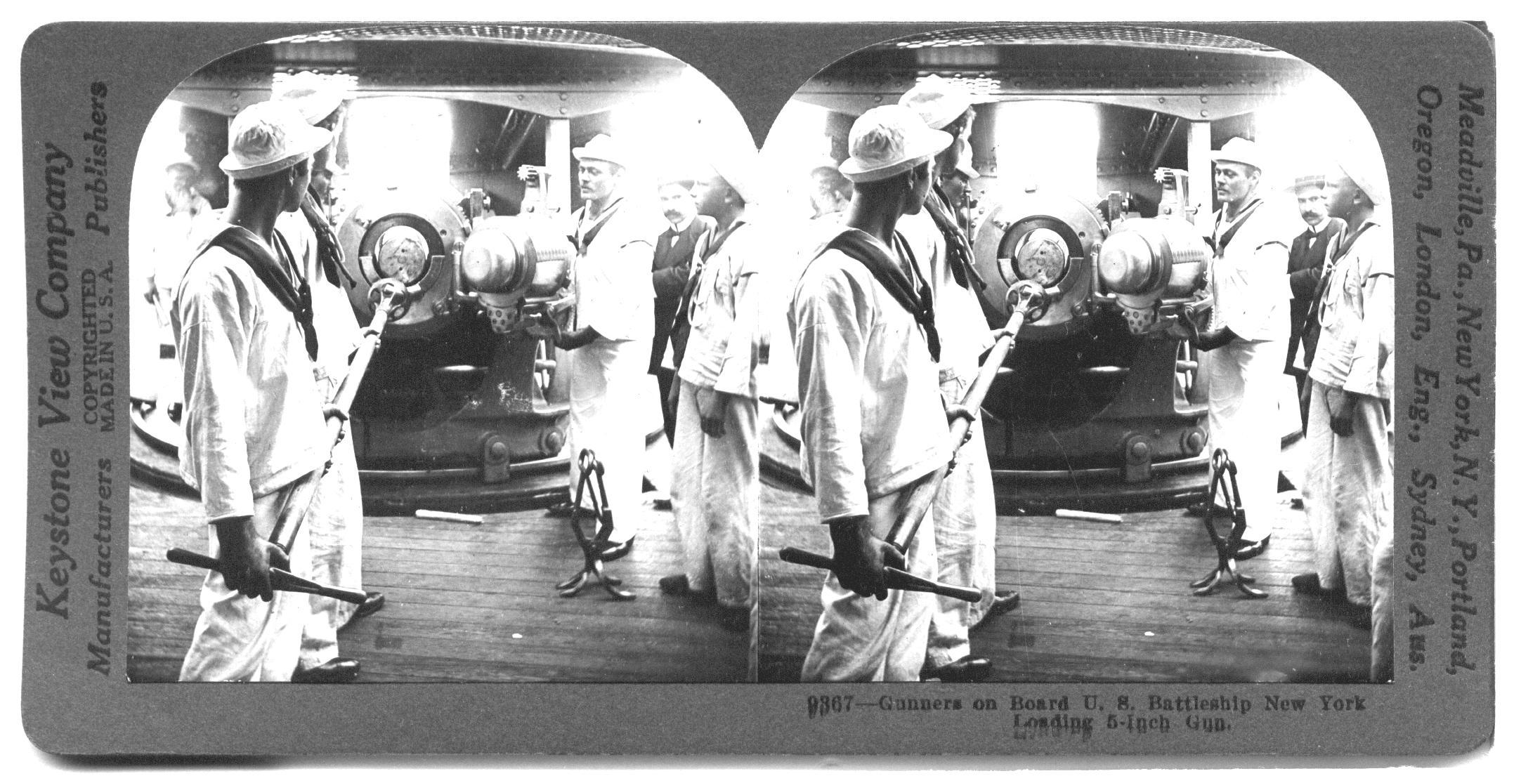 Gunners on Board U. S. Battleship New York Loading 5-Inch Gun