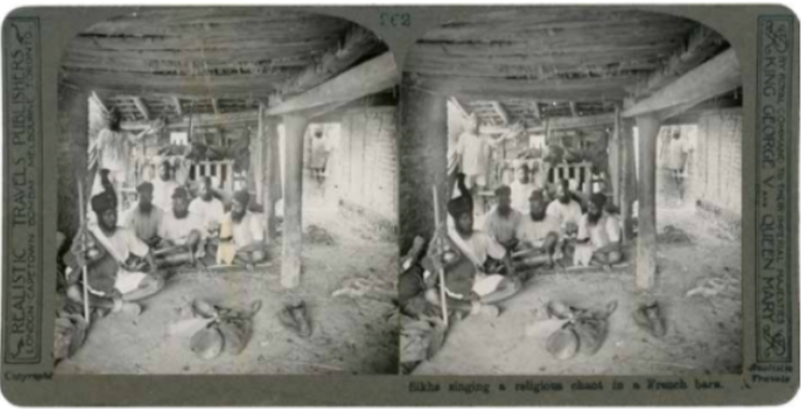 A typical Girdwood stereoview, depicting a Sikh detachment from the Indian Corps engaging in religious activity. No other manufacturer from any combatant nation paid such close attention to cultural practices of minority groups within their countries’ armies (Author).