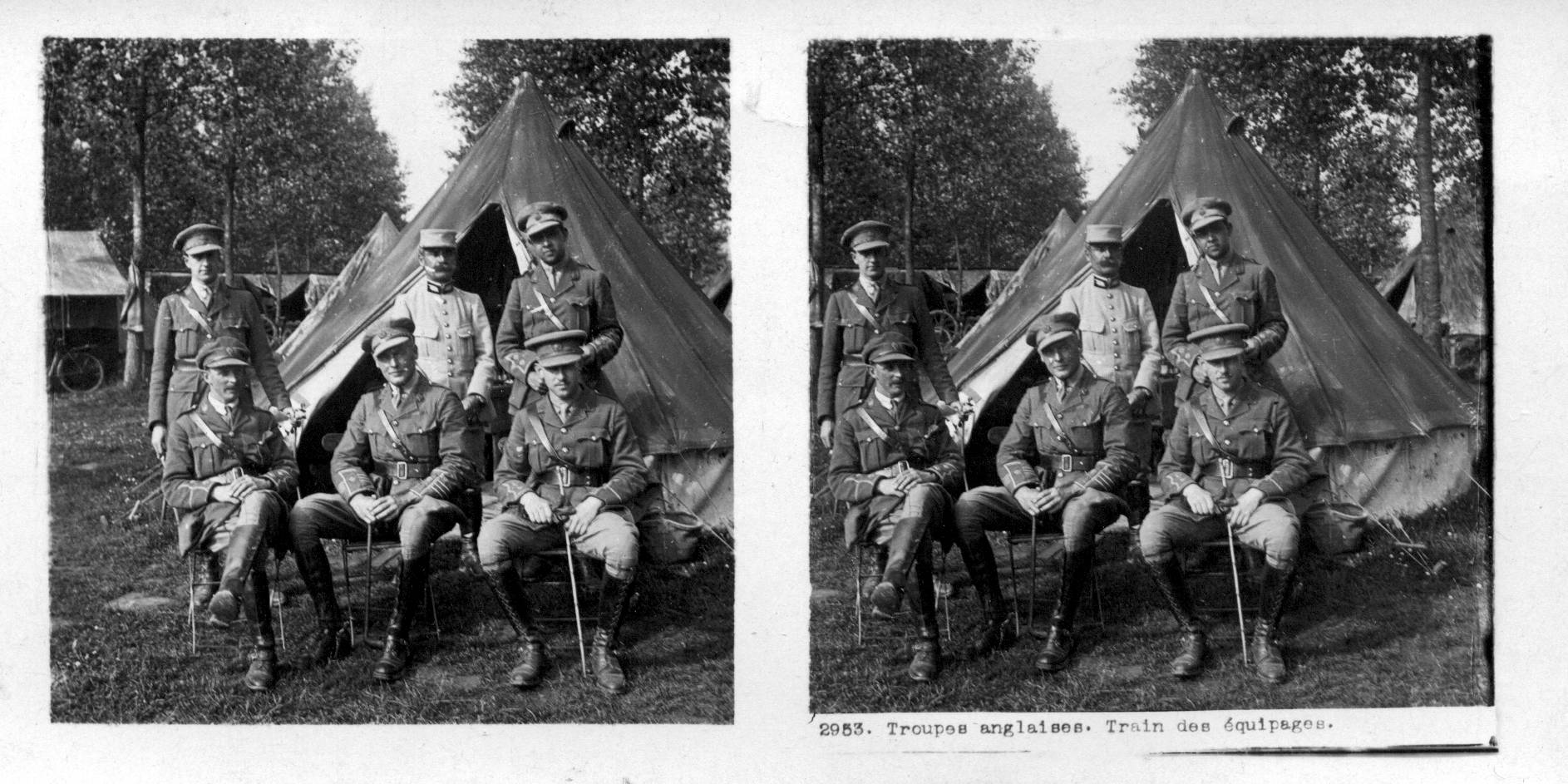 "Troupes anglaise. Train des equipages" - Allied officers pose for the camera