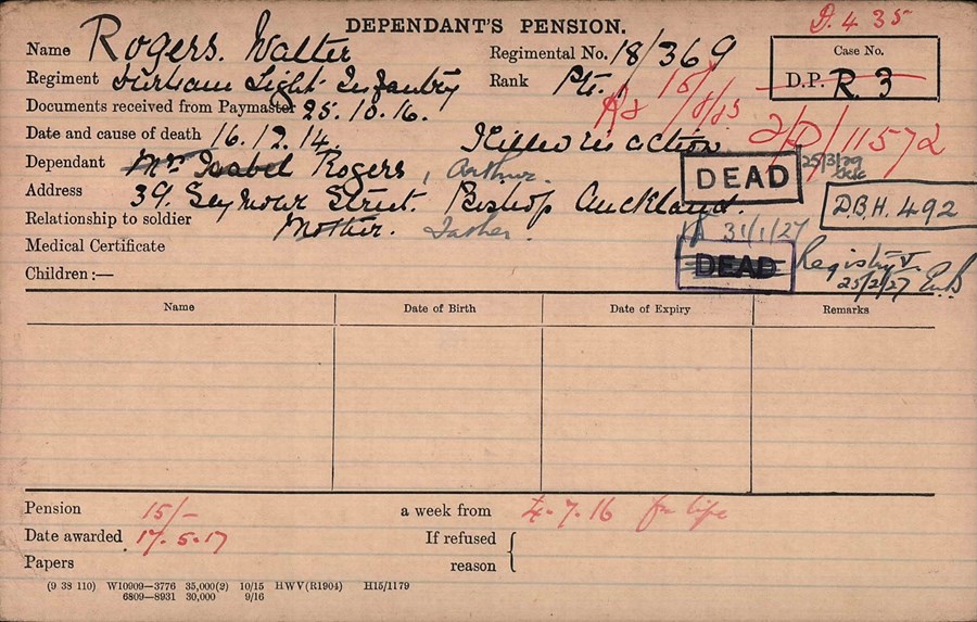Walter Rogers’ Pension Record Card