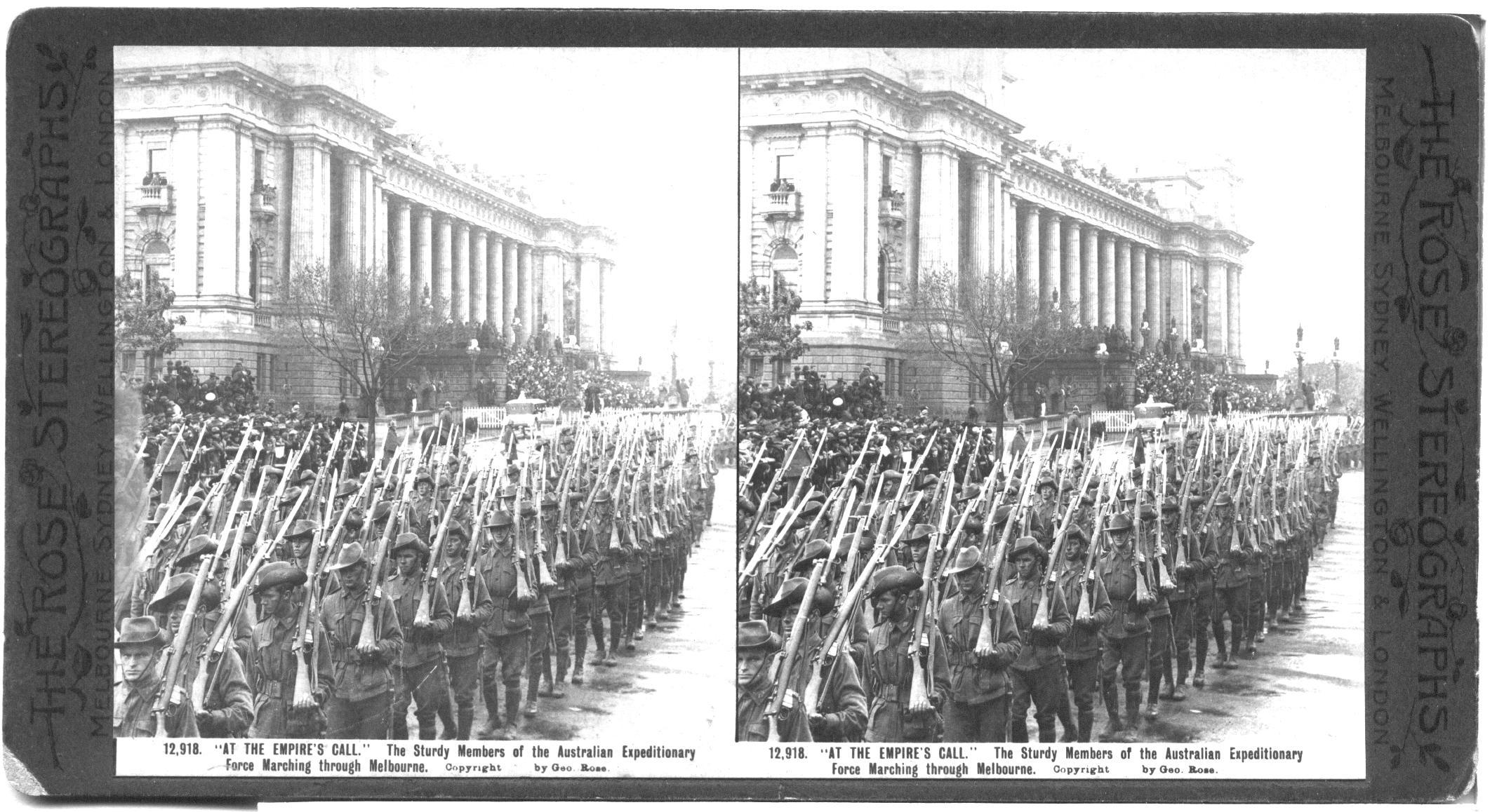 “AT THE EMPIRE’S CALL.” The Sturdy Members of the Australian Expeditionary Force Marching through Melbourne.