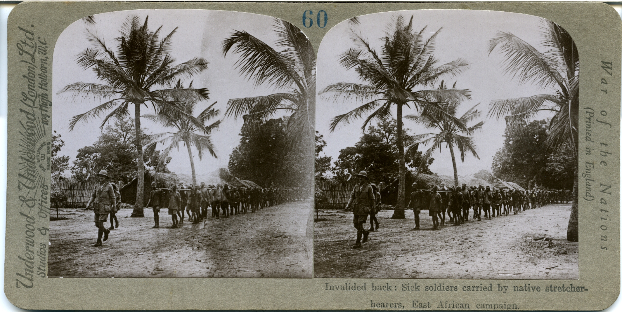 Invalided back: Sick soldiers carried by native stretcher-bearers, East Africa campaign