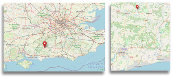 The location of Lodsworth in southern England, north of Chichester and Worthing in what is now West Sussex (cc OpenStreetMap)
