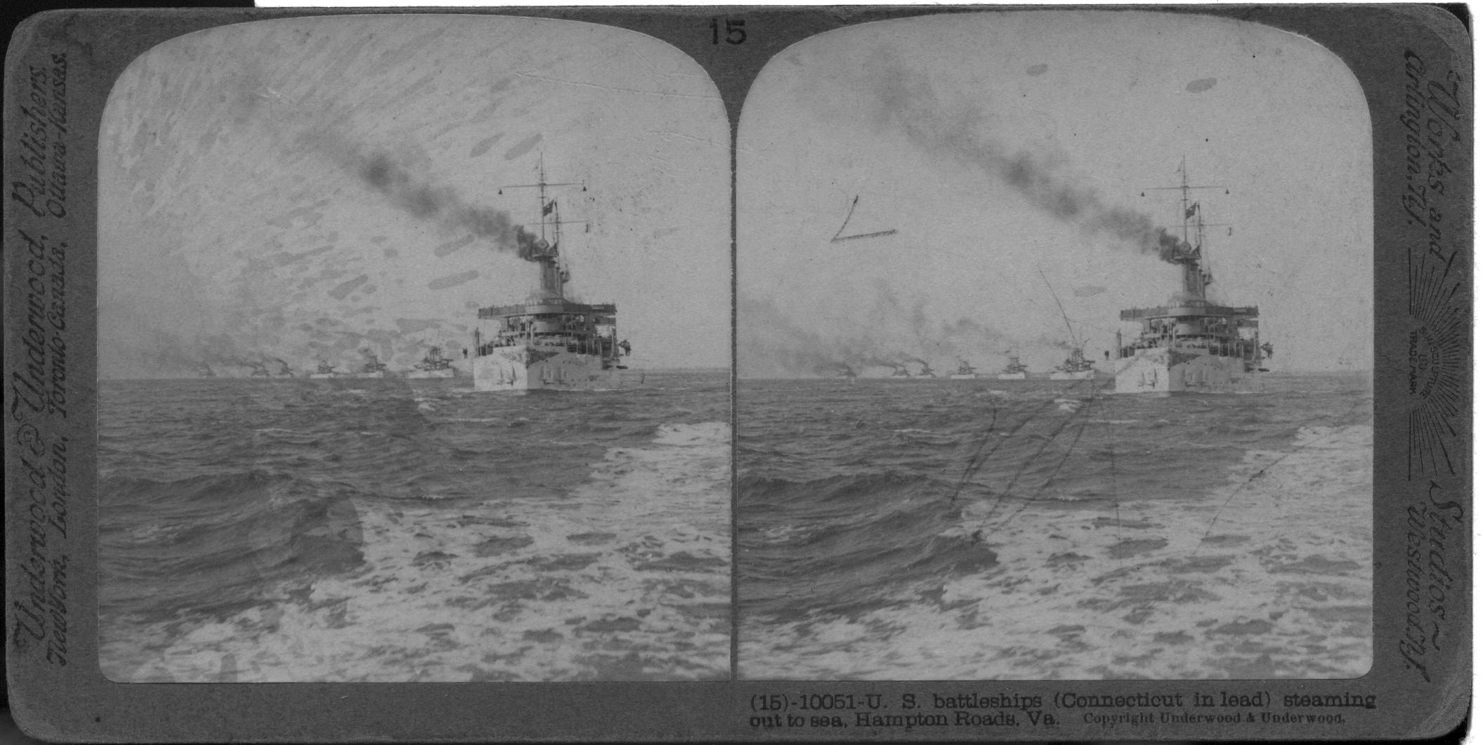 U.S. Battleships (Connecticut in lead) steaming out to sea, Hampton Roads, Va.