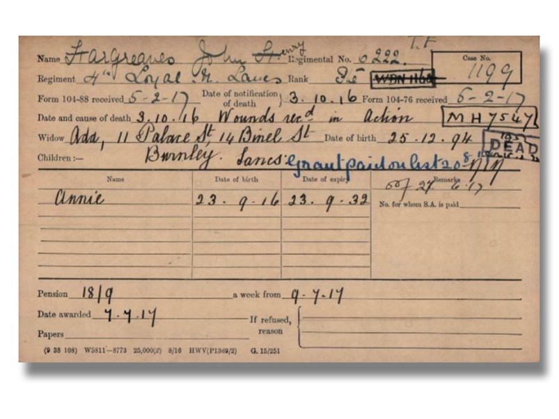 Pension Card from The Western Front Association Pension Cards & Ledgers digital archive on Fold3 by Ancestry