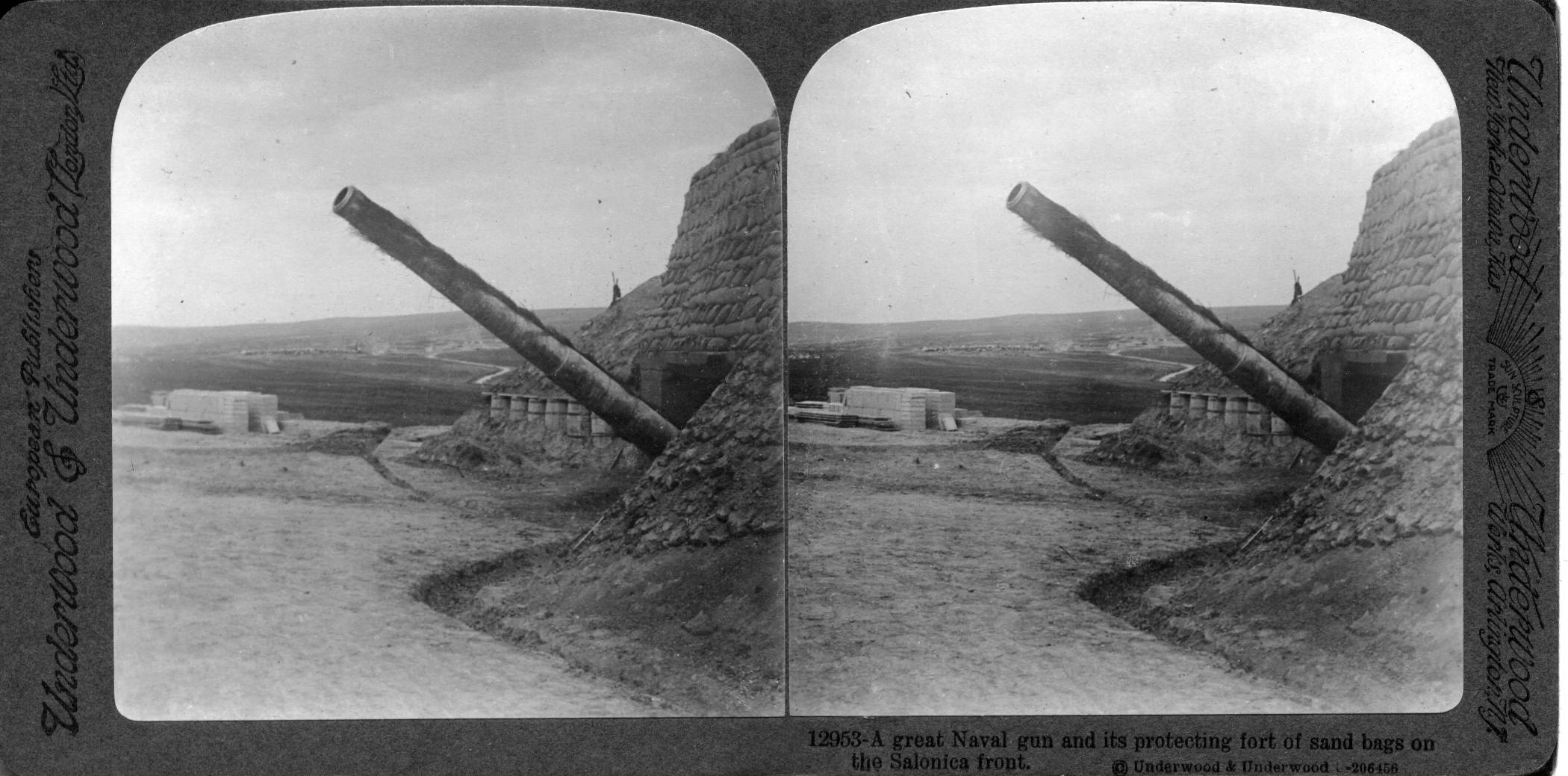 A great naval gun and its protecting fort of sand bags on the Salonica front