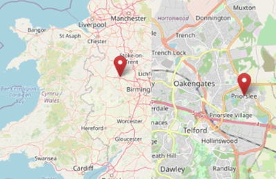 The location of Priorslee (near Telford), Shropshire in the West Midlands (cc OpenStreetMap)