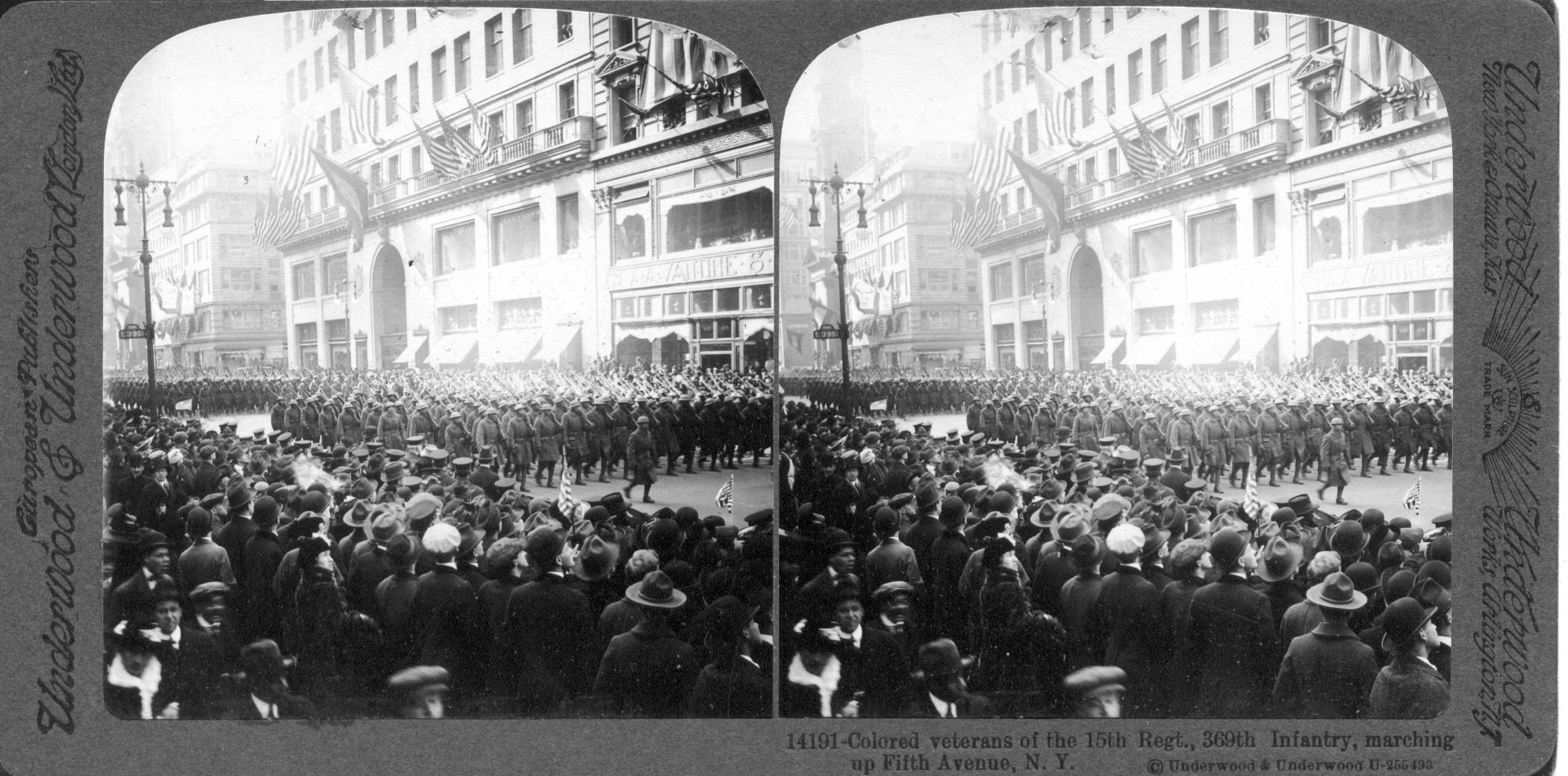 Colored veterans of the 15th Regt., 369th Infantry, marching up Fifth Avenue, N.Y.