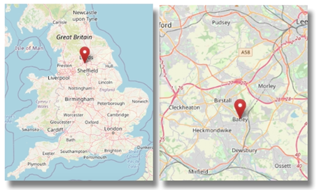 Location of Batley, Yorkshire in the North of England (cc OpenStreetMap)