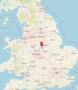 The location of Derby in England's Midlands (cc) OpenStreetMap