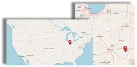 Location of  Connersville, Indiana south of the Great Lakes in the US (cc OpenStreetMap)