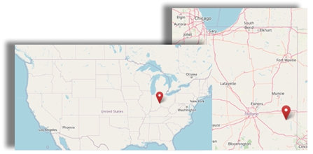 Location of Connersville, Indiana south of the Great Lakes in the US (cc OpenStreetMap)