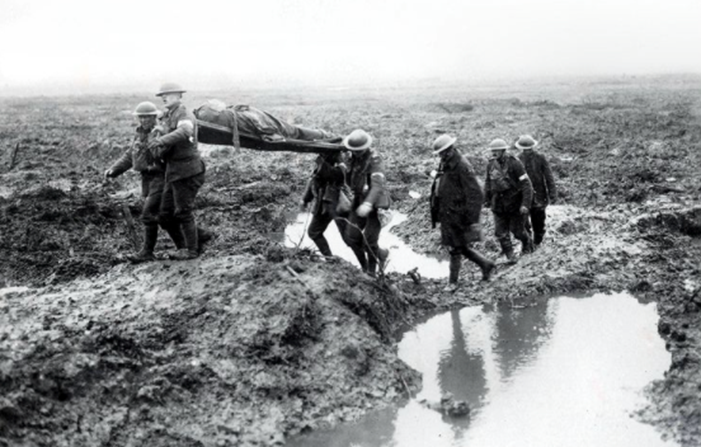 Wounded Canadians on way to aid-post during the Battle of Passchendaele