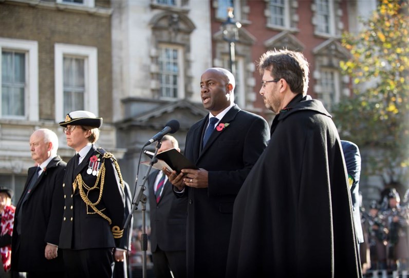 Actor Nick Bailey reciting ‘In Flanders Fields’ at the Cenotaph on Armistice Day 11 November 2021