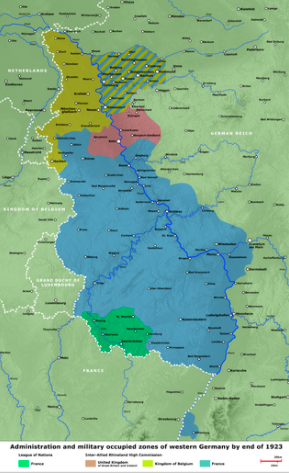 Occupations of the Rhineland and Saar regions: — blue: France, including the former American zone around Koblenz — yellow: Belgium — brown: United Kingdom — stripes : Ruhr, occupied by France and Belgium — green: Saar, occupied by France under the auspices of the League of Nations[1] French forces continued to occupy German territory in the Rhineland until the end of 1930, while France continued to control the smaller Saarland region until 1935.