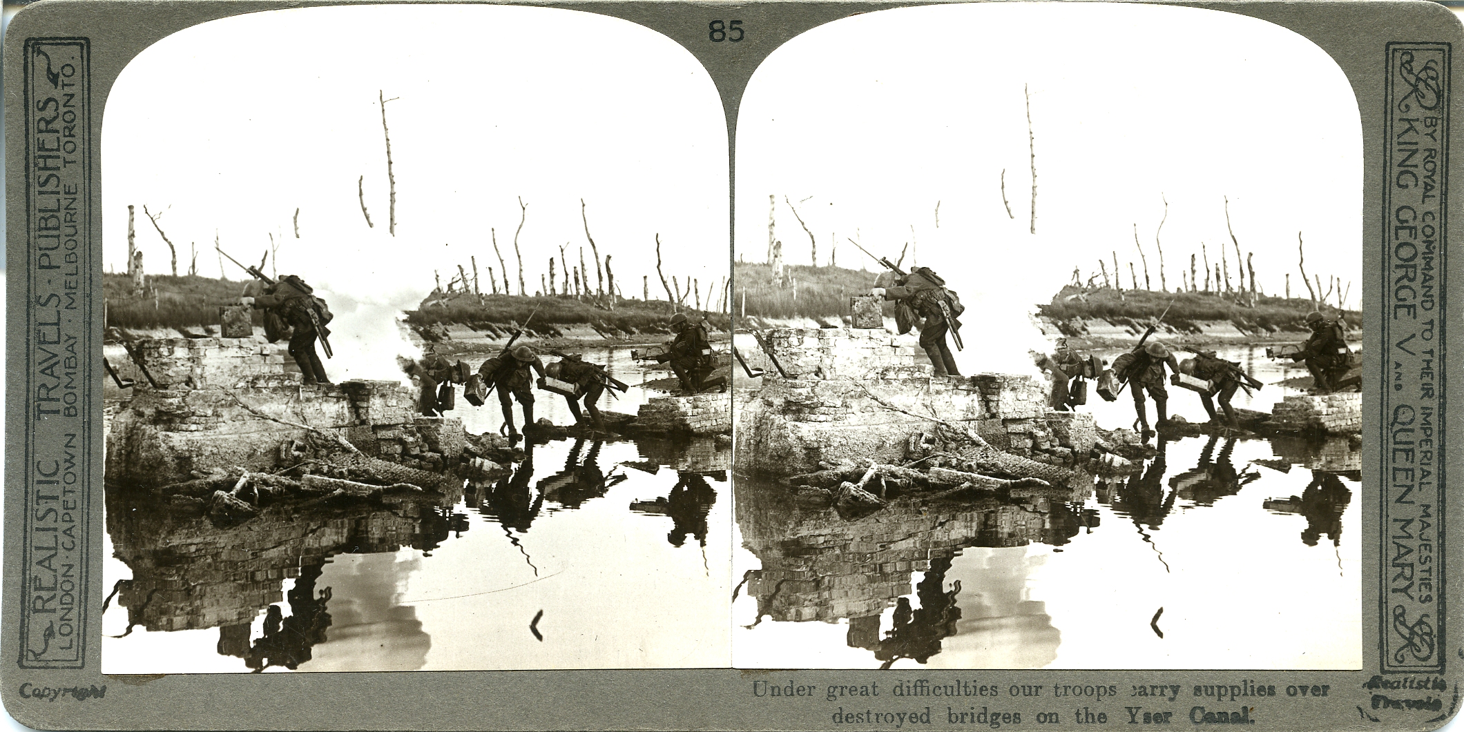 Under great difficulties, our troops carry supplies over destroyed bridges on the Yser Canal