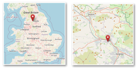 Location of Seeton between Skipton and Keighley in the north west of England (cc OpenStreetMap)
