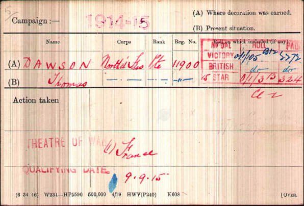 Medal Roll Index Card from Thomas Dawson